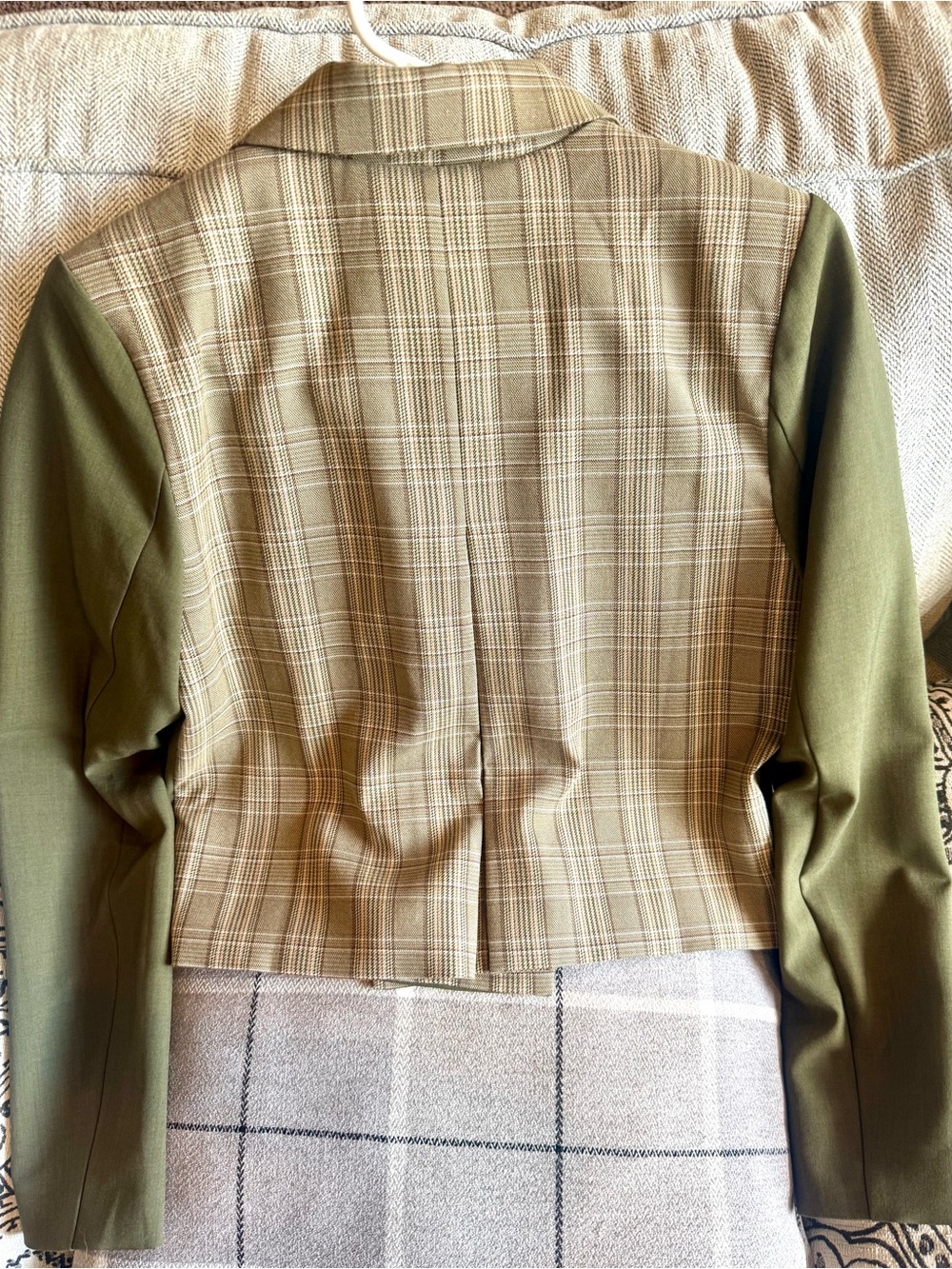 Anthropologie Olive Green Sleeve Plaid Back Cropped Blazer